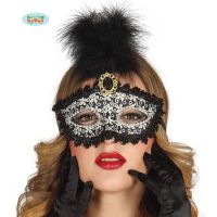 oogmasker zwart steen met pluim — verkleedaccessoire voor carnaval bij Carnavalshop Berlaar