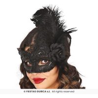 Oogmasker zwart met pluimen — verkleedaccessoire voor carnaval bij Carnavalshop Berlaar